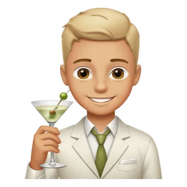 smiling boy in white shirt with dirty martini sticker