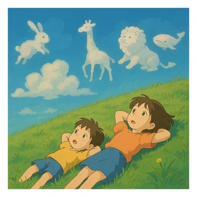 Two siblings lying on a grassy hill, gazing up at drifting cloud animals. sticker