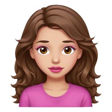 girl with long wavy brown hair, brown eyes, light to medium complexion, in a pink shirt, pink lips, long lashes, puckering lips, winking sticker