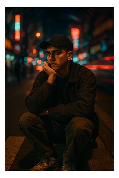 A cinematic night photo of a Southeast Asian man in his early 30s, with a medium tan (sawo matang) skin tone, sitting on the edge of a city sidewalk at night. He is wearing casual streetwear: a dark bomber jacket over a plain oversized T-shirt, loose-fit cargo pants, and worn-in sneakers. A black baseball cap is worn forward, slightly tilted. He sits with one knee up, resting one arm casually across it while the other hand props up his head — his chin resting on his knuckles, as he stares blankly toward the street ahead, deep in thought or zoning out.
The urban background is chaotic and colorful — glowing neon signs, streaks of red and blue light from passing cars, blurred silhouettes of pedestrians. A spiral or radial motion blur effect surrounds the background, emphasizing the stillness of the subject amidst the fast-moving city life.
Cinematic lighting highlights his face softly, with a warm glow on his skin while the surroundings remain moody and dark. The scene has a raw, introspective feel — like a frame from a neo-noir urban film. The ground beneath him is gritty and textured, the crosswalk lines and asphalt adding realism to the scene. sticker