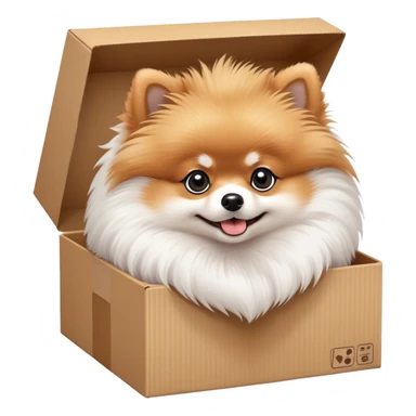  A very cute young pomeranian  with one's head tilted to one side poked its paws out of the cardboard big box and placed them on top of it sticker