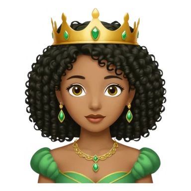 balck princess with black curly hair and a golden tiara. Green dress sticker