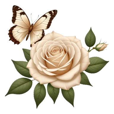 A bouquet of white Ascott tea roses next to a beige aesthetic vintage style leaf and a brown beautiful butterfly sticker