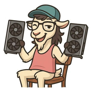 goat for Telegram stickers inspired by reference https://attic.sh/feoducyurkpqwz0la088soao98sx: wearing a cap, glasses, mullet hairstyle, pink drunkard tank top, sitting on a chair, holding a large video card in each hand at shoulder level, winking, pose like in the photo, clean lines, soft gradients. transparent background sticker