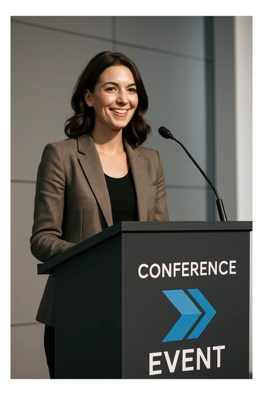 a female speaker at an event standing at a podium, modern conference, wearing a blazer, smiling, event branding on podium sticker