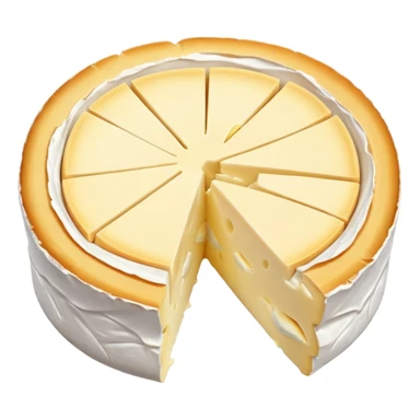 small wheel of camembert cheese, white bloomy rind, creamy pale yellow inside, one slice cut out revealing soft slightly oozing center, smooth rich texture, subtle wrinkled rind, no box or extras, soft lighting, subtle shadows, emoji scale sticker