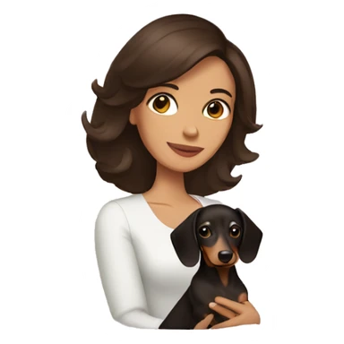 A woman with shoulder length dark brown hair holding a dachshund  sticker