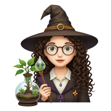 A long curly haired brunette girl with a witch hat, round white glasses, and a plant wand or plant potion terrarium sticker
