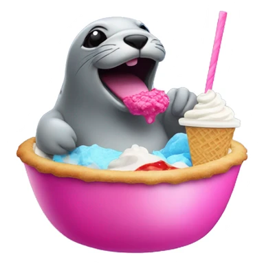 a big fat seal eating a blue and hot pink snocone with pizza on top and sitting in a bowl of fro yo sticker