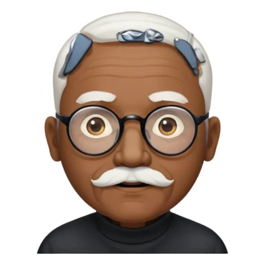 an elderly man with medium-dark skin tone, bald on top with short white hair at the sides, thick white eyebrows, large brown eyes, and wears black-framed glasses.
A small white beard sits above his mouth sticker