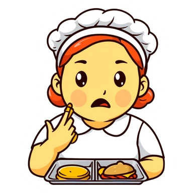 cartoon sticker of a lunch lady with a disgusted expression, holding a tray of gross food sticker