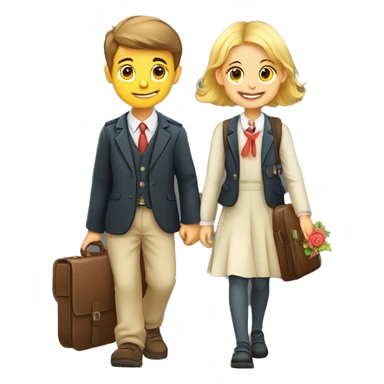 A boy and a girl, schoolchildren, go to school with briefcases and flowers on September 1, cartoon style, clipart sticker