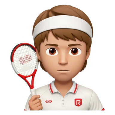 A 3D cartoon-style illustration of a male tennis player resembling Andrey Rublev. He is wearing a white tennis shirt with a small logo, a white wristband, and holding a red and white tennis racket. His expression is serious and focused. He has short brown hair and a headband with a small red logo. The style is similar to an Apple emoji or Memoji character – clean, high-quality, slightly exaggerated facial features, and polished rendering. White background.
 sticker