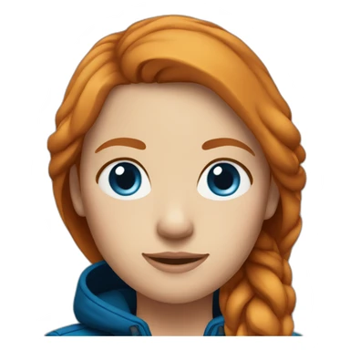Straight, ginger hair and blue eyes woman with a Canadian jacket sticker
