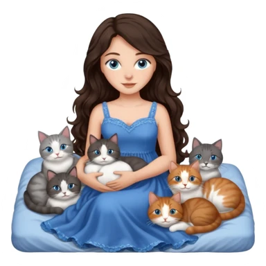 detailed realistic looking a dark grey and white cat regally laying with six other cats, cuddling with their owner in bed who is a pretty bratz lightly tanned white girl with long dark brown hair, blue eyes and gorgeous long wavy hair wearing a pretty detailed dress sticker