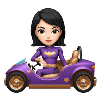 Hot full size real-appearance retro electric racing action BatGirl’s feminine midnight-colored tight outfit sixty’s tv show 1992 stealthy retro sporty safe plush petite off-road pursuit cruiser car rose gold accents (black hair,reclined and relaxed torso seating position) go kart  sticker