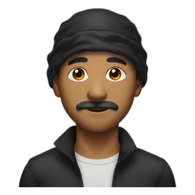 Mestised man's face with short curly haircut and a black bandana on his forehead with brown eyes and a slight mustache sticker