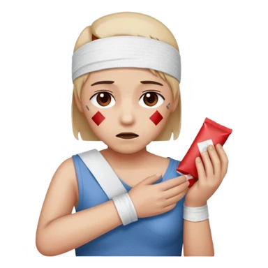 Generate a realistic emoji of a package being unpacked and the person is sad because they got hurt by the package sticker