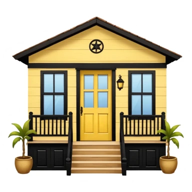 Puerto Rican wooden house facade, central door, two windows, front balcony with rocking chair, scenic frame, humble but well-maintained, warm and authentic, yellow color sticker