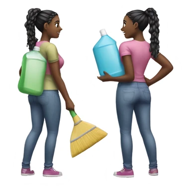 two black girls with braids in a ponytail standing showing entire body, standing back to back holding cleaning supplies  sticker