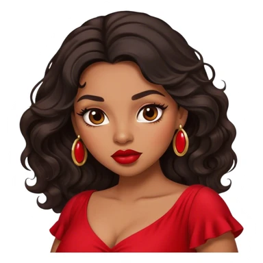 light brown skin tone, very beautiful woman, with big plump lips, long long lashes, black long wavy hair, brown eyes, red dress sticker