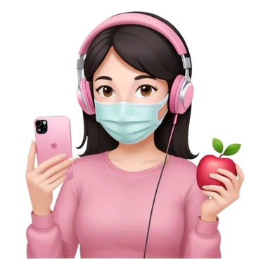 chica super aesthetic con piel blanca pelo morebo con una mascarilla en la cara relajada y unos cascos como lo de apple y un iphone de color rosa pastel sticker