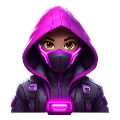 developer behind his laptop with  this style : crysis Cyberpunk Valorant neon glowing bright pink girl character dark pink purple white hooded assassin themed character sticker