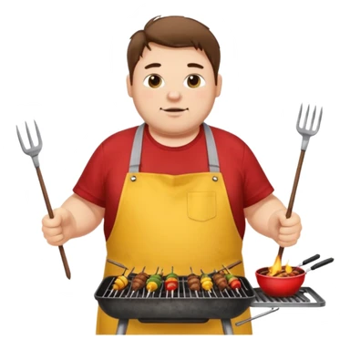 chubby man white messy hair and dirty yellow shirt and a red apron grilling bbq and skewers on a sizzling grill sticker