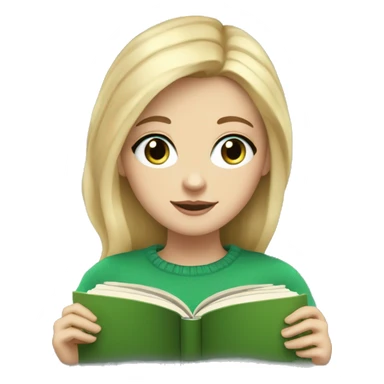 Pretty blue eyed white girl with blonde hair and a green sweater reading a book sticker