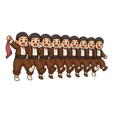 Create a colorful and joyful cartoon sticker of a group of Kurdish men in traditional clothing exactly as in the reference image: brown Kurdish pants, white shirts, black vests and sashes, and headscarves. They are dancing Kurdish dance holding hands with raised legs. No text. Suitable for WhatsApp and Instagram with a transparent background. sticker