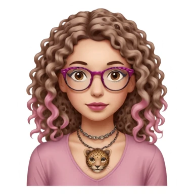 a gray eyed woman with light brunette long curly hair, full lips, pink soft blush and pale skin with leopard printed thin round-ish glasses wearing a silky brown top, a neck tatto that is in the middle of the neck so tiny saying before sunrise in a dactilo font. sticker
