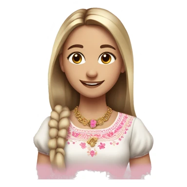 Slavic girl, white skin, brown eyes, black-to-blonde ombre straight tail, smiling with teeth, wearing beautiful blouse with a folk pattern of small pink flowers, a gold necklace. sticker