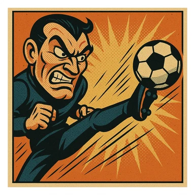 fierce villainous face with a sneer, mid-air high kick to a soccer ball, comic book style sticker
