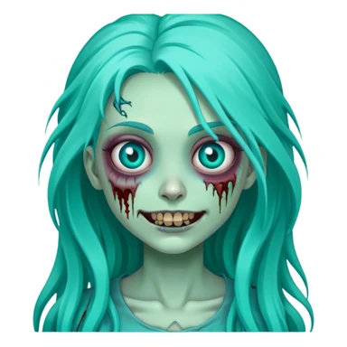 zombie girl with long turquoise hair, one eye missing, creepy smile, cute undead character sticker