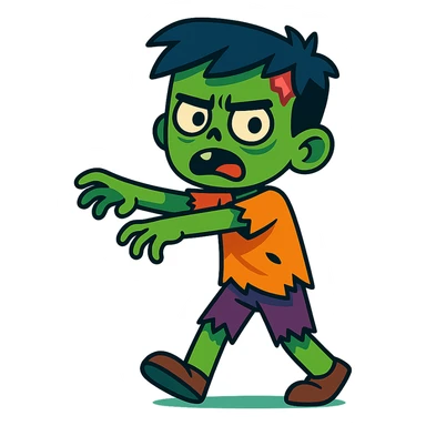 zombie boy, cartoonish, green skin, tattered clothes, expressive, spooky, vibrant toon style sticker