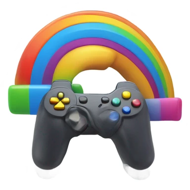 A rainbow sits on a joystick sticker