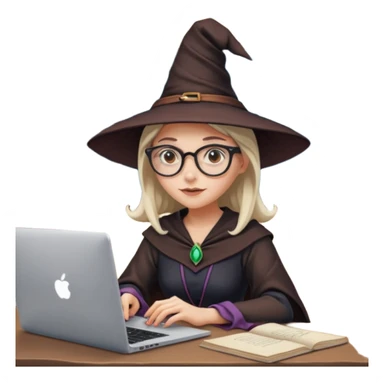 A female video editor wearing glasses, dressed like a witch with a pointed hat, sitting at a laptop editing a video, cinematic lighting, cozy creative studio, professional look, high quality, realistic sticker