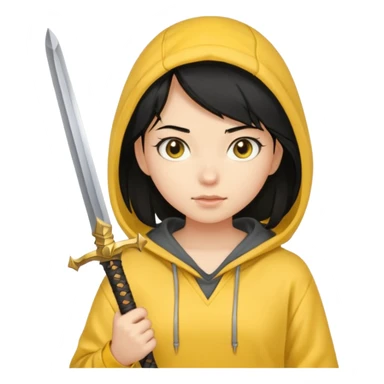 black haired girl holding sword and wearing yellow hoodie sticker