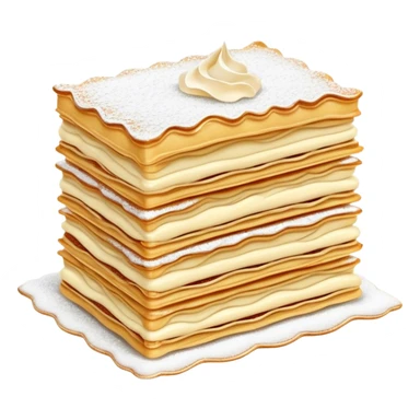 Cinematic delicate mille-feuille, thin crispy pastry layers filled with smooth vanilla cream, dusted with powdered sugar, elegant presentation, highly detailed and sophisticated. sticker