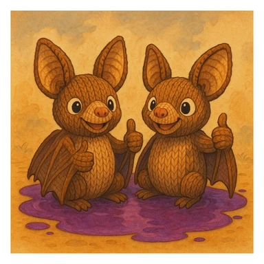 two knitted toy fruit bats giving a thumbs-up, sitting in a puddle of purple liquid, ghibli style sticker