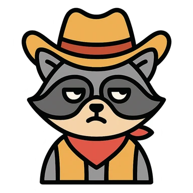 raccoon dressed as a cowboy, rolling his eyes, color outline icon sticker