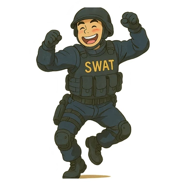 ghibli style SWAT member in tactical gear, dancing with a big smile sticker