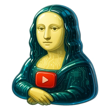 Mona Lisa with a calm or blank expression, no grin or sarcasm, red YouTube play button, glossy circuit style sticker