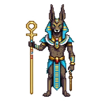 Egyptian god Anubis with black jackal head, gold collar, Egyptian headdress, holding ankh symbol sticker