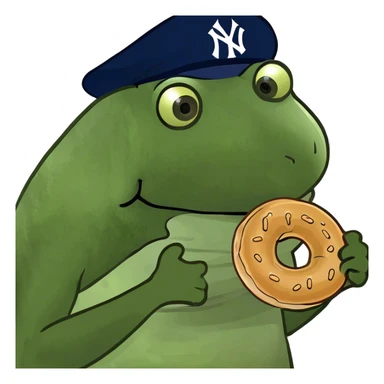 wearing a yankees hat, holding a bagel sticker