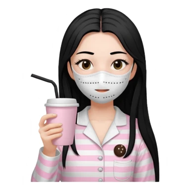 chica de pelo lacio color negro cabellera larga piyama blanca con rayas rosa claras peo no tan claras no oscuras el bordado es negro al igual que los botones )tiene una mascarilla para la carablanca y sostiene y cafe con bolitas nedras al dondo con unsorbete tranparente y es de test blanca  sticker