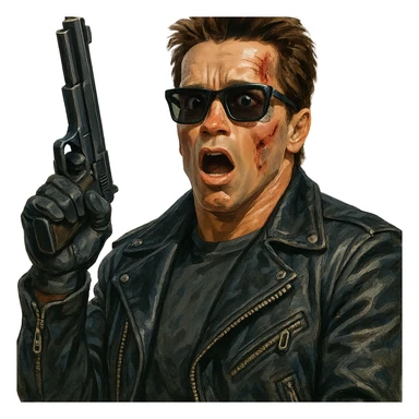 Terminator Arnold Schwarzenegger with sunglasses, surprised look, holding a gun up, realistic painted cartoon style sticker