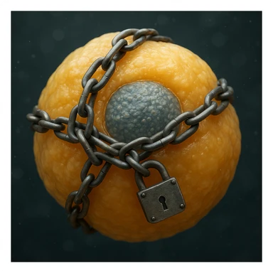 adipocyte with visible nucleus wrapped in chains and padlock, hyper realistic 4K, microscopic details, scientific atmosphere sticker