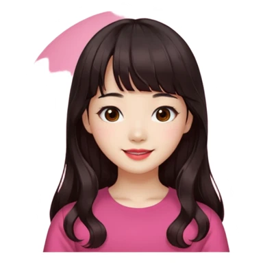 Korean girl, red top, black brown hair, brown eyes, long wavy hair, aesthetic, long hair, hime cut, blunt bangs, pink lip sticker