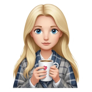 girl
blue eyes
long blond hair
wearing grey plaid housecoat
holding a white mug of coffee
wearing rose gold apple watch  sticker